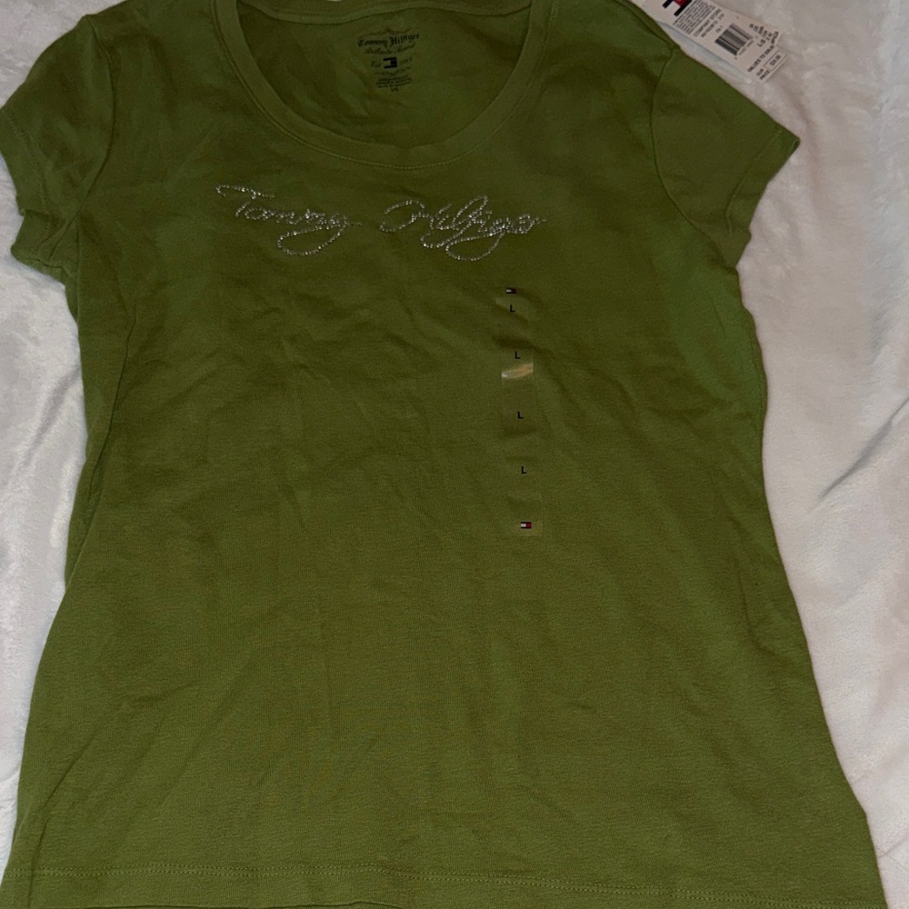 Tommy Hilfiger Olive Green Short Sleeve Crystal Logo Tee